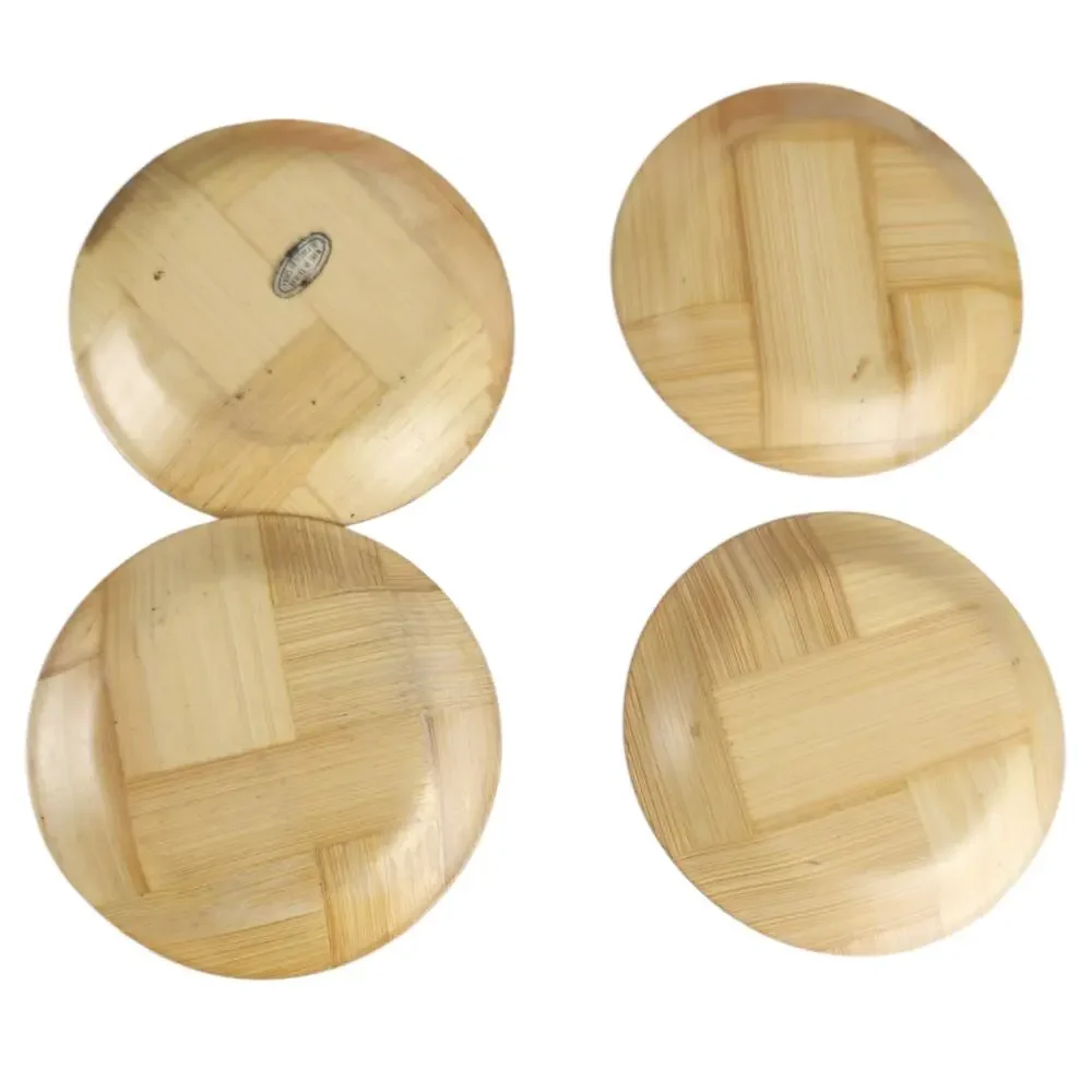 Set of 4 Vintage Chinese Bamboo Coasters Painted Traditional Woman Woven 80s